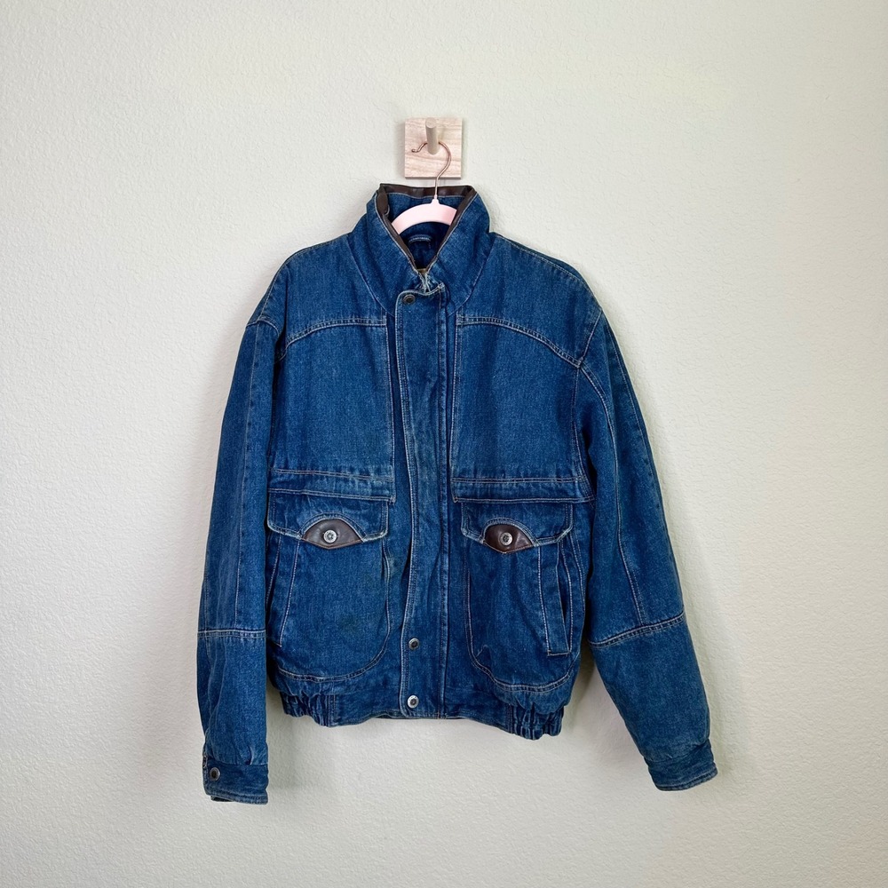 VTG Faded Glory Mens Denim Bomber Jacket Blue Faux Leather Trim Small Barn Coat